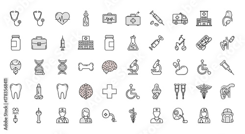 A comprehensive collection of medical and healthcare icons in a clean and modern line style, perfect for design concepts. This set includes symbols for doctors, nurses, hospitals, ambulances