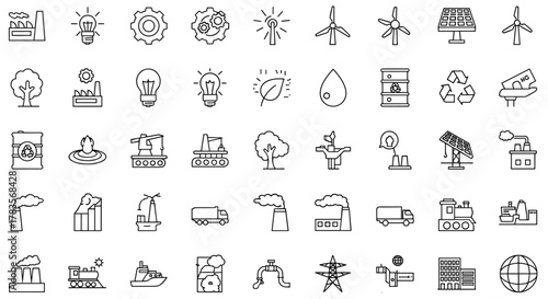 Vast collection of industry and environment thin line icons, featuring factories, wind turbines, solar panels, oil barrels, recycling symbols, trees, water drops, cranes, trucks, trains, ships, and