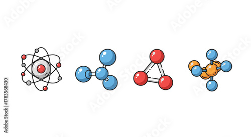 Set of stylized chemical compounds and atoms, including a Bohr model atom and various molecular structures represented by colored spheres connected by lines, all in a flat cartoon style on a clean