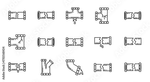 Collection of thin line icons representing broken pipes, featuring various types of damage like cracks and leaks, ideal for web, print, and app design, presented on a clean white background with