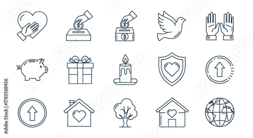 A collection of charity-related line icons, featuring symbols like hands holding a heart, donation boxes, a piggy bank, a gift box, a candle, a shield with a heart, an upward arrow, a house with a