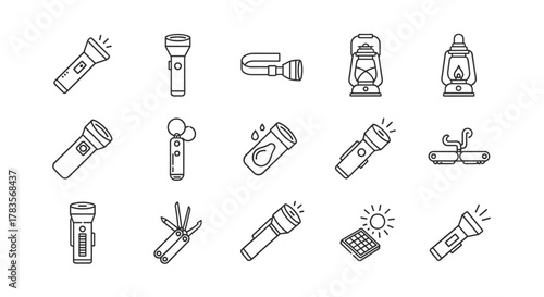 Camping Flashlight Thin Line Icon Set: A comprehensive collection of outline signs for graphic and web design, apps, adverts, and various cards, featuring cartoon illustrations of portable lighting
