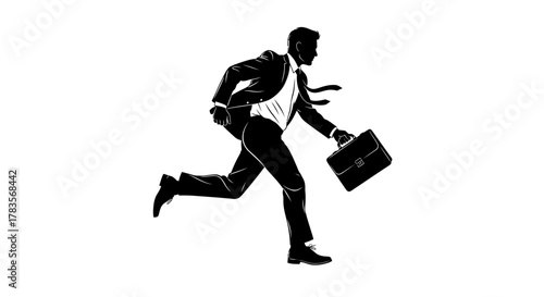 Silhouette of a man in a suit and tie running with a briefcase