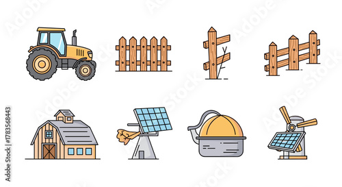 Vibrant and modern line icon set depicting essential agricultural elements, including a tractor, various fence styles, a classic barn, and renewable energy sources like solar panels and a windmill