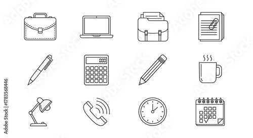 Collection of outline icons representing office work and business, including a briefcase, laptop, folder with documents, stapled papers, pen, calculator, pencil, coffee mug, desk lamp, telephone