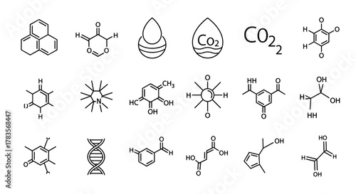 Collection of chemical compound icons and molecular structures, including DNA, CO2, and various organic molecules, presented as a clean, editable stroke vector illustration on a white background
