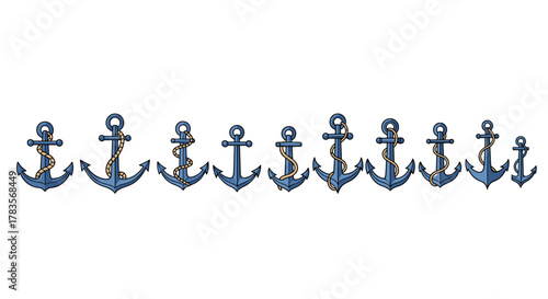 Collection of blue anchors with ropes in a row, cartoon vector illustration on a white background, representing a nautical theme and maritime equipment, perfect for graphic design and web use.