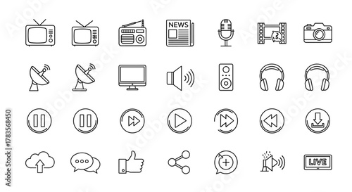 A comprehensive collection of mass media and technology-related outline icons, meticulously designed for a 48x48 pixel grid with editable strokes. This ordered line icon set, presented on a clean
