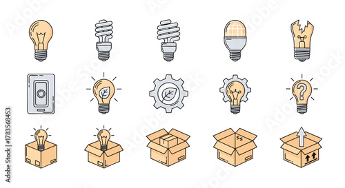 Collection of light bulb icons in various forms: incandescent, CFL, LED, broken, with leaf, in gear, with question mark, and in boxes, representing ideas, innovation, energy efficiency, and shipping