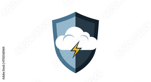 A stylized shield icon featuring a white cloud with a yellow lightning bolt striking through it, symbolizing protection against storms, natural disasters, or technological threats. This graphic