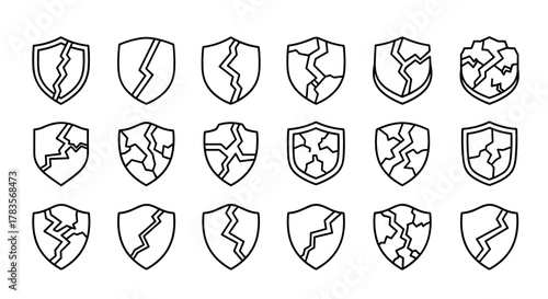 Set of 15 cracked shield icons in a linear style, representing broken security, vulnerability, or damage. These vector graphics are perfect for graphic design, web sites, cards, books, and articles