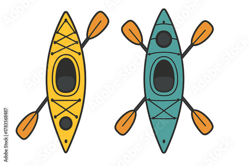 Pair of brightly colored kayaks, yellow and teal, equipped with paddles for summer water activities