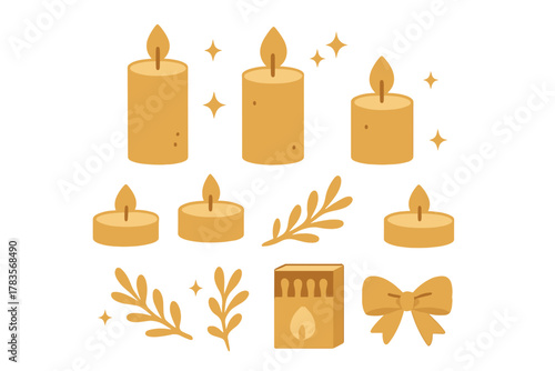 Golden burning candles, tea lights, matchbox, decorative leaves, stars, and ribbon bow set