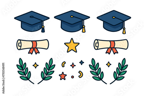 Academic success symbols set featuring mortarboards diplomas and victory laurels