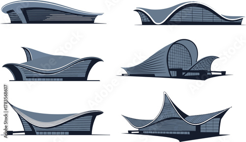 Modern architectural building illustrations, black and white vector artwork, wave roof design, futuristic structure concept, stylized engineering forms, contemporary urban silhouette graphics