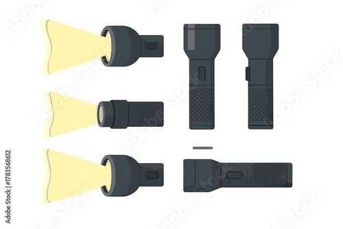 Set of modern handheld flashlights with and without illuminated light beams