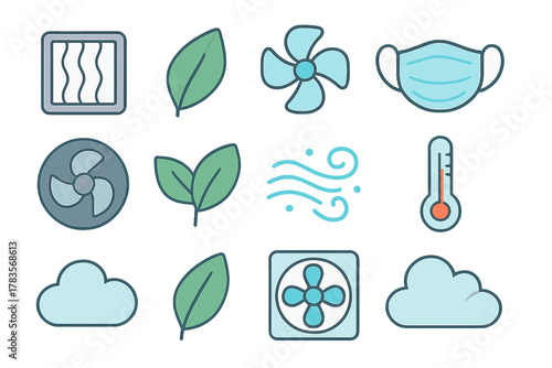 Environmental health symbols for air quality, ventilation, filtration, and temperature control
