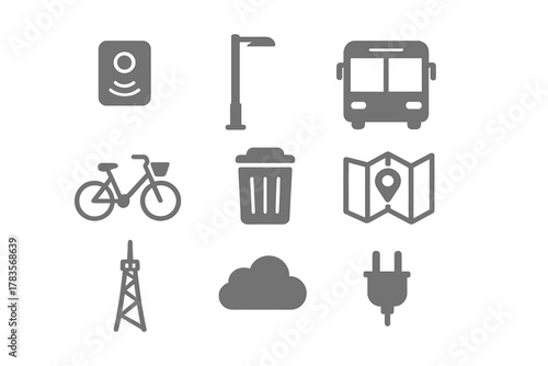 Gray monochromatic symbols for urban infrastructure, public services, transportation, and smart city technology