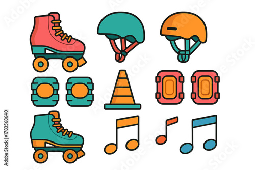 Vibrant roller skating accessories set with quad skates, safety helmet, protective pads, traffic cone, and musical notes