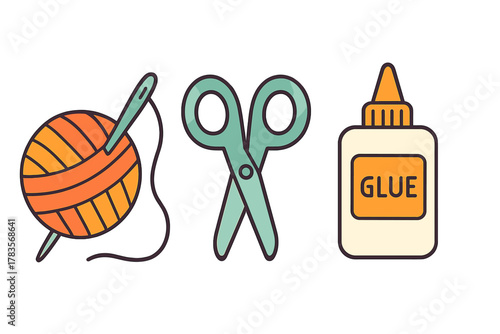 Basic crafting and sewing supplies featuring yarn, needle, scissors, and glue bottle