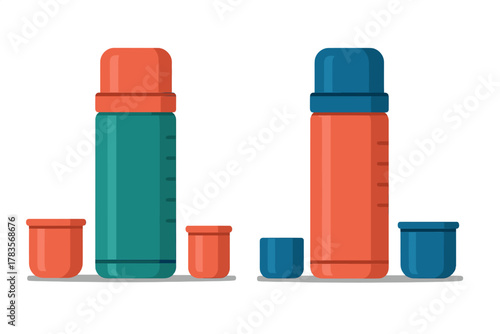 Brightly colored insulated vacuum flasks and matching cups for hot and cold beverages