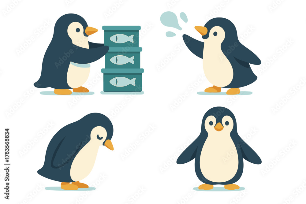 Fototapeta premium Cute cartoon penguin characters performing various actions like stacking fish boxes, waving, and sleeping