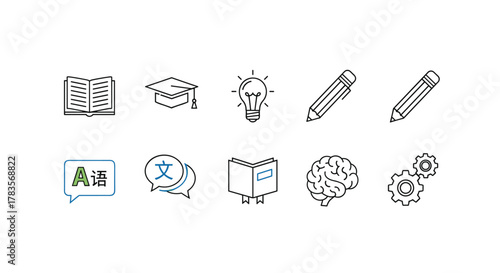 A collection of clean, minimalist line icons representing education, study, reading, learning, language skills, and intellectual concepts, including an open book, graduation cap, lightbulb, pencils