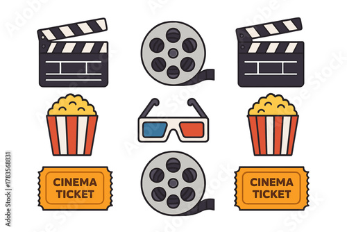 Colorful cinema symbols set including clapperboard, film reel, popcorn, 3D glasses, and ticket
