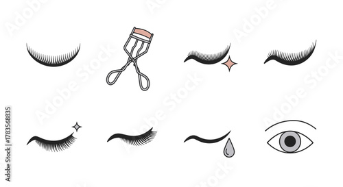 Set of minimalist vector cartoon illustrations featuring eyelash curler, various styles of eyelashes, a sparkling lash effect, a tear drop, and a stylized eye, perfect for beauty and cosmetic