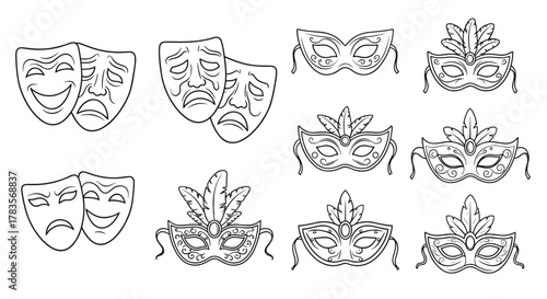 Set of theatrical masks and masquerade masks, including classic comedy and tragedy symbols, elegant Venetian-style masks with feathers and ornate swirls, representing drama, performance, celebration