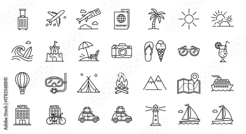Modern Thin Line Vector Icons Set for Summer Vacation: A Comprehensive Collection Featuring Travel Essentials like Suitcases, Airplanes, Passports, Beach Scenes, Hotels, and Transportation Options