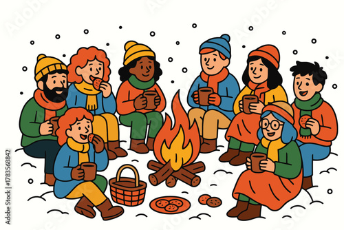 Diverse group of people gathered around a warm campfire enjoying hot drinks in the snow
