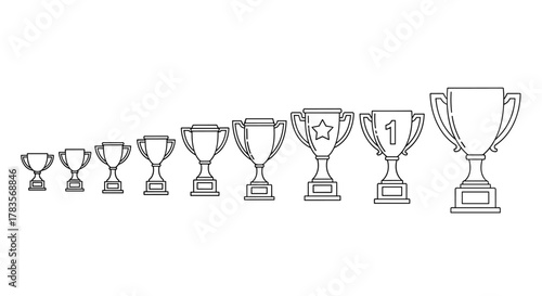 Collection of outline winning cups in ascending size, featuring a star and number 1 trophy, perfect for infographics, articles, books, flyers, and banners, representing achievement and success in a