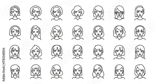A diverse collection of 24 linear-style vector cartoon illustrations depicting women's portraits with various hairstyles and facial expressions, presented as an ordered set of line icons on a clean
