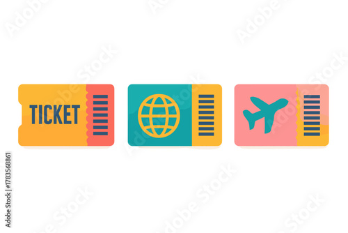 Colorful flat icons of airline tickets, boarding passes, and travel documents for vacation planning
