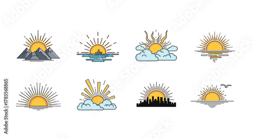 Beautiful Morning Sunrise Logo Design Vector Cartoon Illustration Set: A collection of eight distinct sunrise icons, featuring suns rising over mountains, oceans with ships, clouds, city skylines