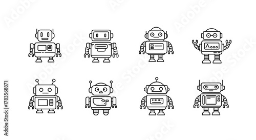 Collection of eight distinct, simple line art robot characters in a vector cartoon illustration style, presented as an ordered set of icons on a clean white background, perfect for technology and