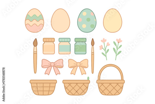 Pastel collection of Easter holiday elements including decorated eggs, paint supplies, ribbons, and woven baskets