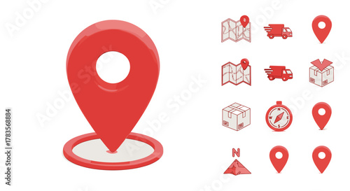 Vivid 3D render of a red map pin, symbolizing location and navigation, set against a clean white background. This collection includes essential icons for delivery services: maps with pins
