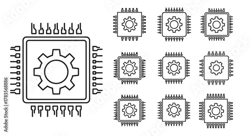 Abstract black line art icon representing a microchip with a gear inside and connections, part of an ordered line icon set on a white background, symbolizing technology, engineering, and processing