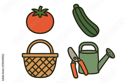 Essential gardening elements including fresh vegetables, harvest basket, watering can, and pruning shears