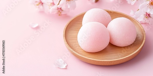 Sweet Pink Japanese Wagashi Desserts with Delicate Sakura Flowers and Petals