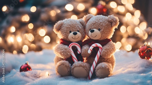 Sweet plush companions holding candy canes in sparkling winter wonderland