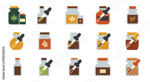 Assortment of Essential Oil Bottles with Droppers.