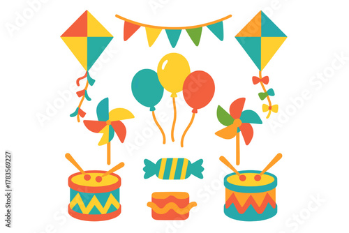 Brightly colored collection of festive objects: drums, kites, balloons, and pinwheels