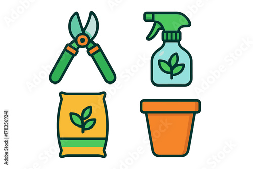 Essential gardening tools set: pruning shears, spray bottle, fertilizer bag, and flower pot