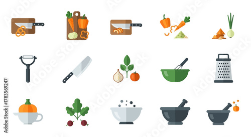 Assortment of Kitchen Tools and Fresh Vegetables Flat Vector Icons.