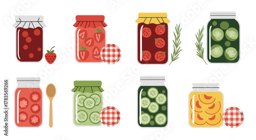 Assortment of Homemade Jams and Pickled Vegetables in Glass Jars.