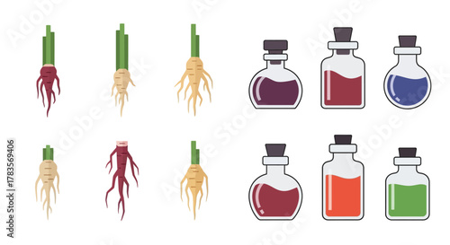 Botanical illustrations of roots and potions in various colors and shapes.