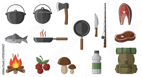 Camping and outdoor cooking equipment for a wilderness adventure.